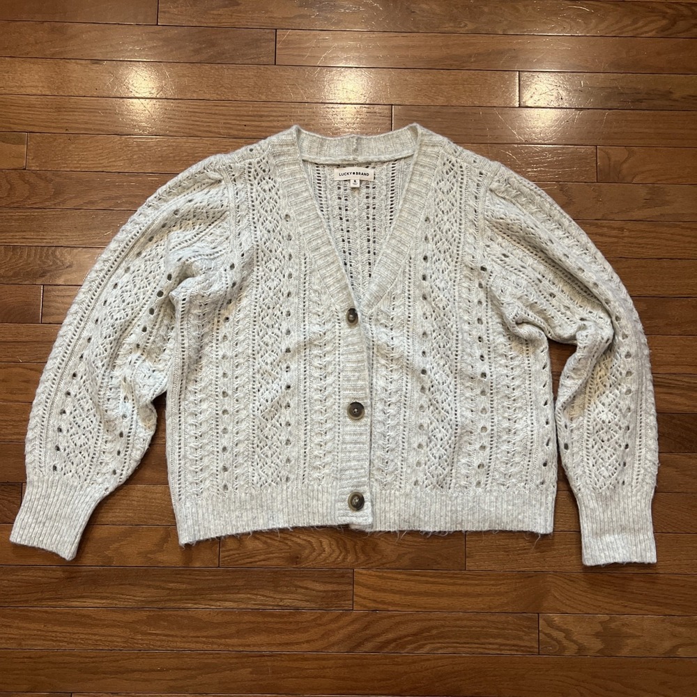 Lucky Brand Cardigan Womens XL Cream Chunky Knit Boho Cottagecore Button Sweater